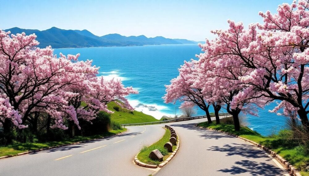 濟州島沿海路上的粉紅櫻花隧道,伴隨藍色海浪與綠丘,晴空下展現寧靜自然美。