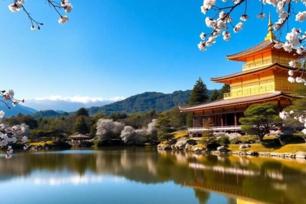 金閣寺的金色外觀在晴朗天空下反射於湖面，周圍環繞綠意庭園與飄落的櫻花，營造出平和歷史氛圍。圖片由AI生成。