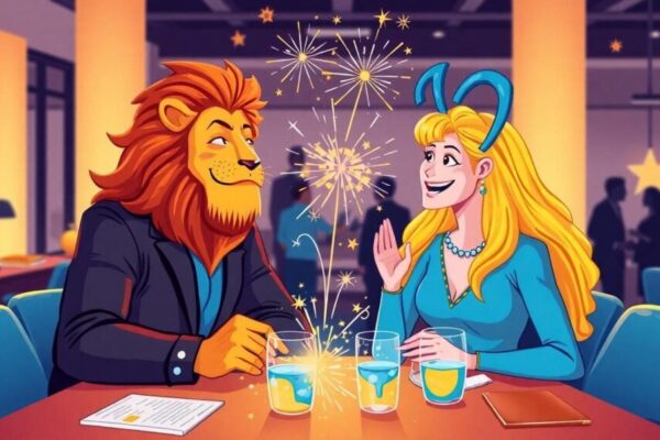 Image generated by AI. 獅子座與水瓶座的互動場景，獅子座散發溫暖光芒，水瓶座以冷靜與創新姿態並肩而立，背景是星空與創意元素的混合，呈現動態且互補的氛圍。