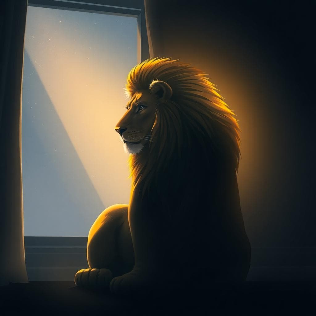 A dramatic illustration of a majestic lion representing Leo zodiac sign, sitting alone in a dimly lit room after a breakup, with a proud yet saddened expression, shadows around but a faint golden light emerging from its mane symbolizing inner strength. Foreground: the lion in profile view. Background: subtle starry night sky through a window. Style: realistic fantasy art with warm golden highlights and cool blue shadows. Mood: introspective and hopeful. High detail, cinematic lighting.