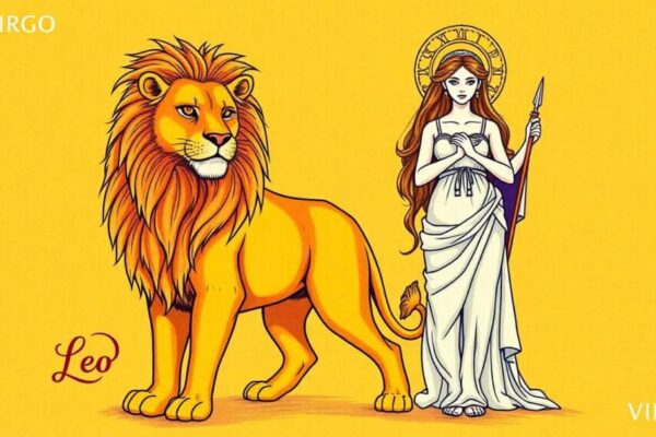 Image generated by AI: 獅子座與處女座並肩而立的象徵性畫面，金色暖光代表獅子座，自信與領導，地球色調代表處女座的務實與細節感。