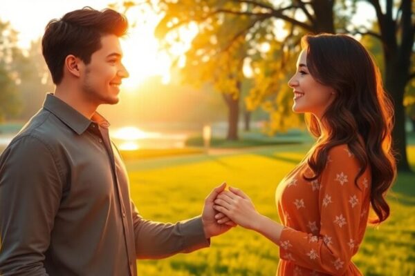 Image generated by AI: 獅子座告白情境的浪漫場景，黃昏公園、金色光線與淡水湖景，人物表情自信且溫暖