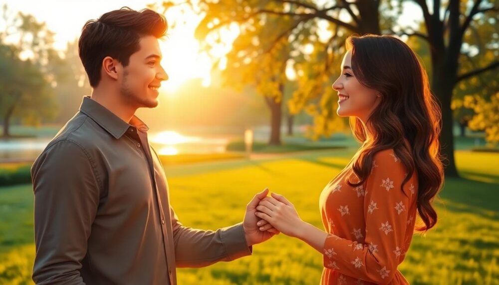 Image generated by AI: 獅子座告白情境的浪漫場景,黃昏公園、金色光線與淡水湖景,人物表情自信且溫暖