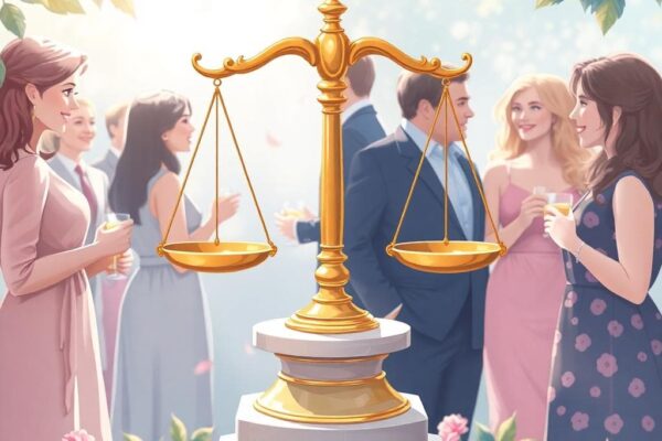 A detailed illustration of the Libra zodiac symbol, golden scales perfectly balanced on a pedestal, surrounded by elegant people in a harmonious social setting like a garden party, soft pastel blues and pinks, warm sunlight filtering through leaves, evoking charm, diplomacy, and peaceful interactions.