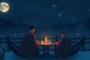 一個活潑的雙子座人站在熱鬧的人群中，周圍朋友笑著聊天，背景融入雙胞胎符號元素，象徵好奇心和社交魅力，前景聚焦於主角的自信笑容，背景是明亮的現代派對場景。Image generated by AI