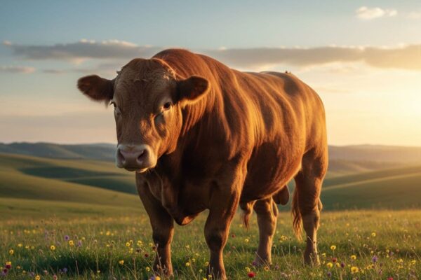 A serene landscape featuring a majestic bull standing firmly on green pastures under a clear blue sky