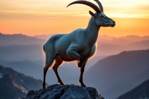 Majestic mountain goat on rocky peak at sunset