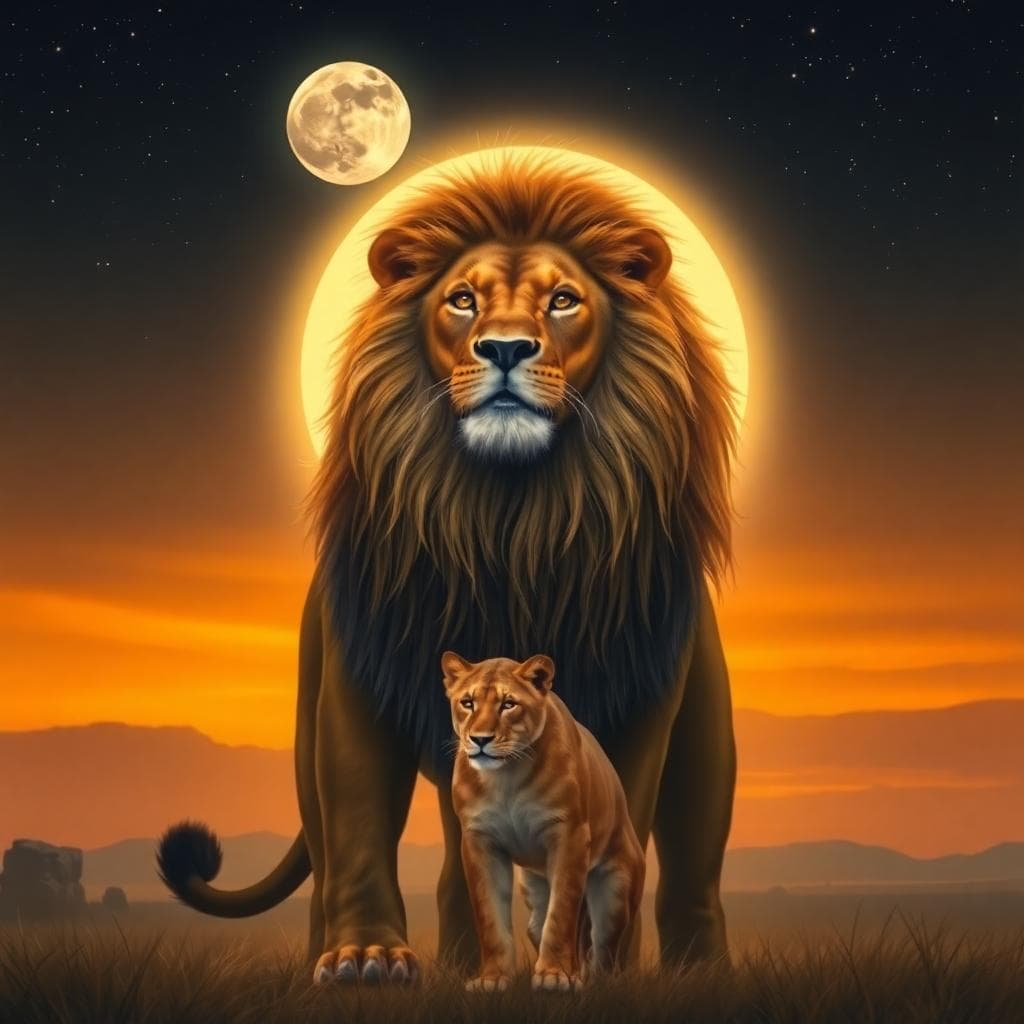 AI 生成圖像:月亮下的獅子,象徵自信與邊界的光芊