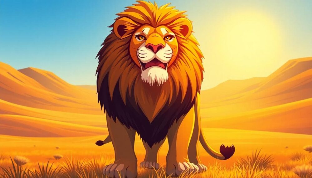Image generated by AI: 充滿自信與領導力的獅子形象,陽光般的氛圍與溫暖的光線,象徵熱情與魅力