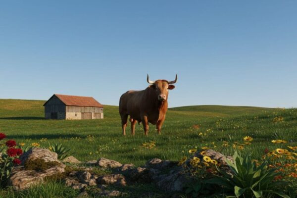 A serene landscape featuring a majestic bull standing firmly on lush green fields under a clear blue sky, symbolizing stability and persistence