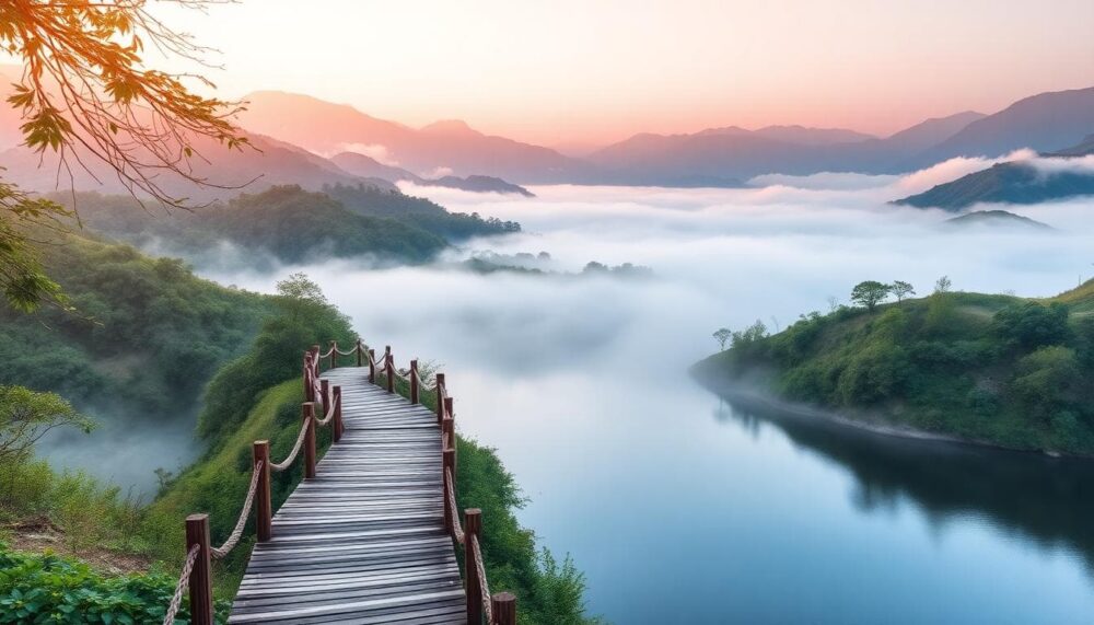 夢湖晨霧與步道
