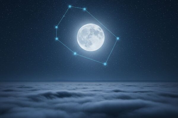 夜晚的深藍天空，一輪皎潔的滿月懸掛其中，周圍隱約浮現天蠍座的星座圖案，散發出神秘而強烈的氛圍，前景有朦朧的霧氣環繞，背景是寧靜的星空