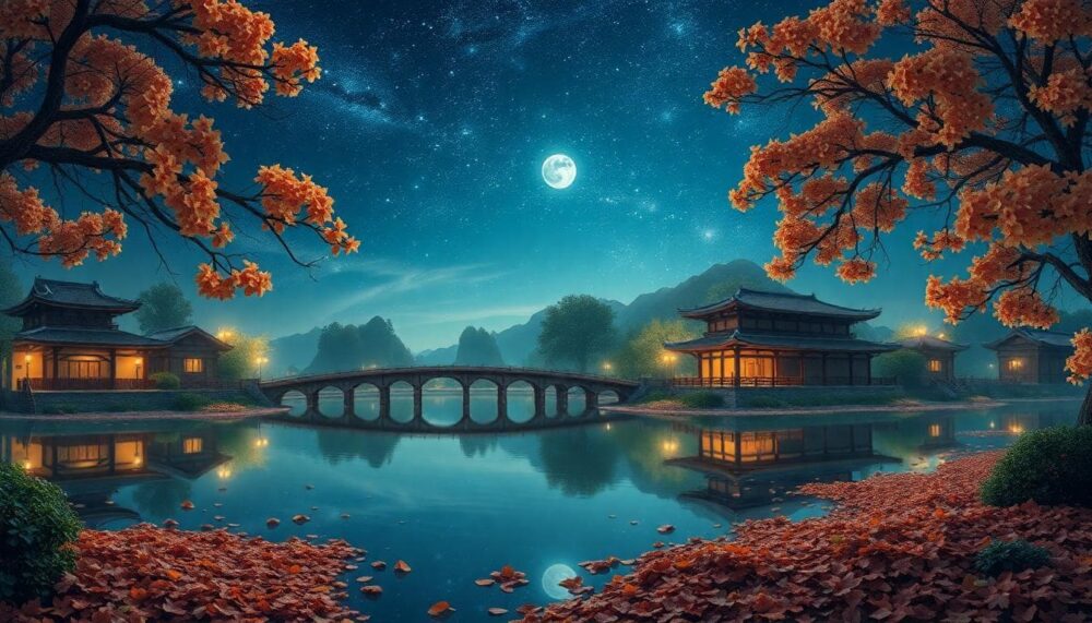 神秘的夜晚場景,月亮高掛在天空中,散發深藍色光芒,周圍環繞天蠍座星座圖案,包括蠍子符號和水元素波浪,前景一人影站在黑暗中,表情深刻內省,背景星空朧霧,風格寫實幻想藝術,以深藍、紫色、黑色為主,強調情感深度。