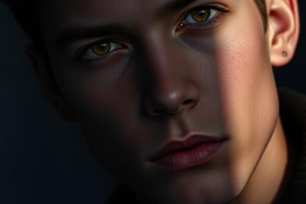 A close-up portrait of a mysterious Scorpio rising individual with intense eyes