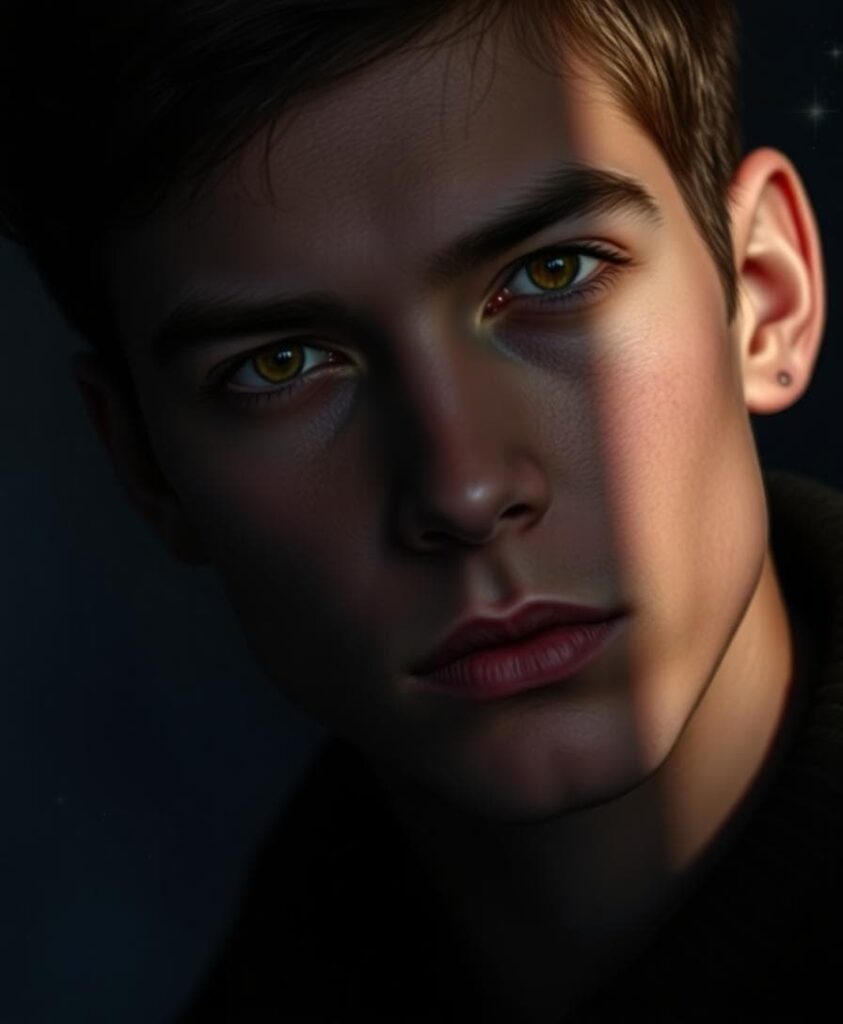 A close-up portrait of a mysterious Scorpio rising individual with intense eyes