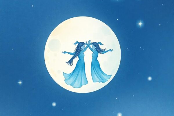 AI 生成圖像：月亮雙子座壓力訊號的象徵性畫像，星空背景下呈現情緒與溝通的綜合信號