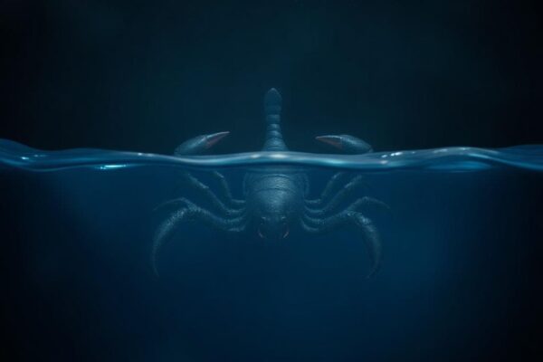 神秘的天蠍座象徵，一隻浸沒在深藍水中的蠍子，眼睛閃耀紅光，周圍漩渦波浪與微弱星光營造出強烈而隱秘的氛圍