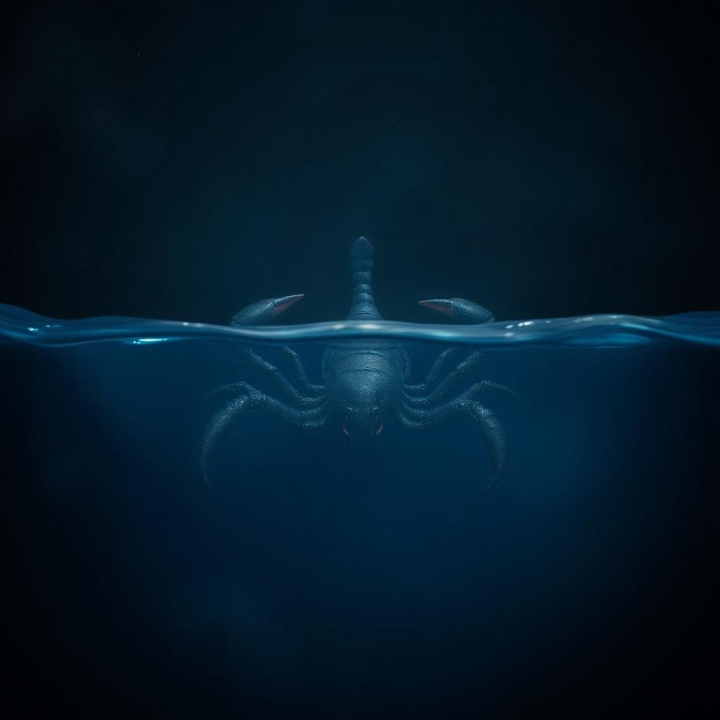 神秘的天蠍座象徵，一隻浸沒在深藍水中的蠍子，眼睛閃耀紅光，周圍漩渦波浪與微弱星光營造出強烈而隱秘的氛圍