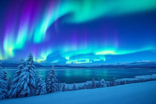 北歐極光夜空與雪景