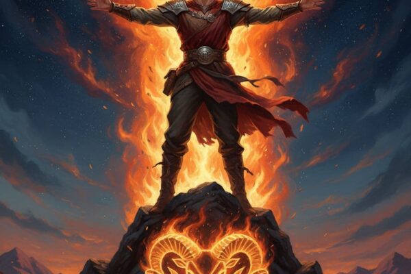 一位年輕男性站在山頂，雙臂張開，背景是熊熊烈火和星空，象徵白羊座的衝動與領導力，前景有白羊座的星座符號。Image generated by AI