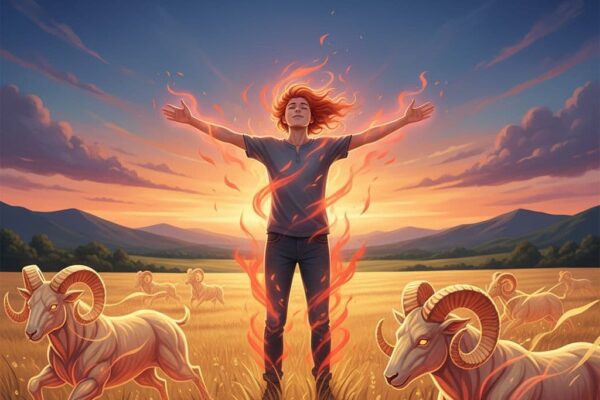 一位充滿熱情的白羊座人物，站在夕陽下的草原上，雙手張開擁抱天空，周圍環繞著火焰般的紅色光芒，象徵火象星座的活力與先鋒精神。前景是奔跑中的白羊圖騰，背景有廣闊的藍天和綠地，風格為寫實風格的插畫，充滿動感和熱情氛圍。