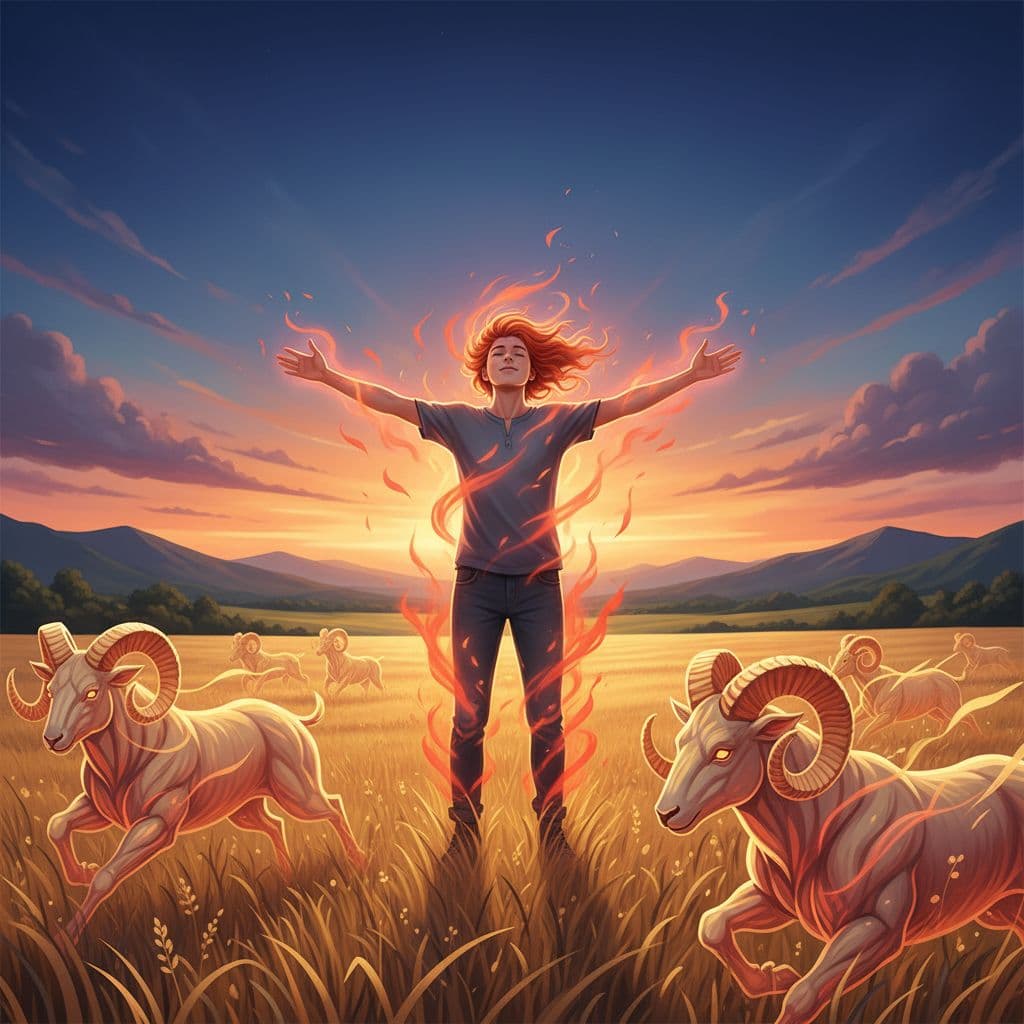 一位充滿熱情的白羊座人物,站在夕陽下的草原上,雙手張開擁抱天空,周圍環繞著火焰般的紅色光芒,象徵火象星座的活力與先鋒精神。前景是奔跑中的白羊圖騰,背景有廣闊的藍天和綠地,風格為寫實風格的插畫,充滿動感和熱情氛圍。