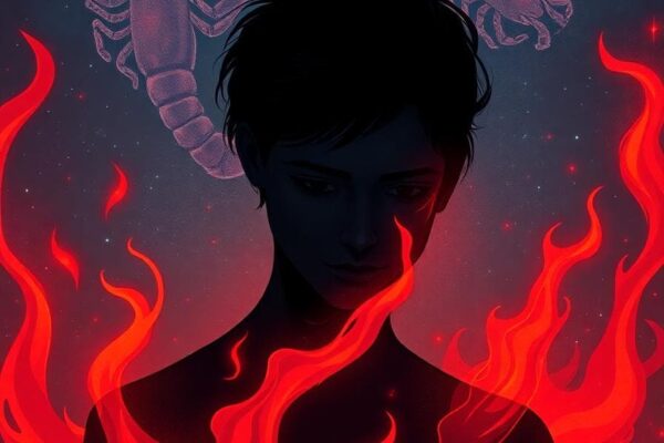 A silhouette of a person with intense eyes, surrounded by swirling flames against a starry night sky with scorpion motifs