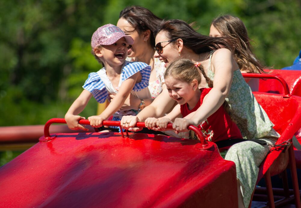 Image: Joyful family experiencing excitement and exhilaration on a roller coaster ride, full of smiles and laughter.
