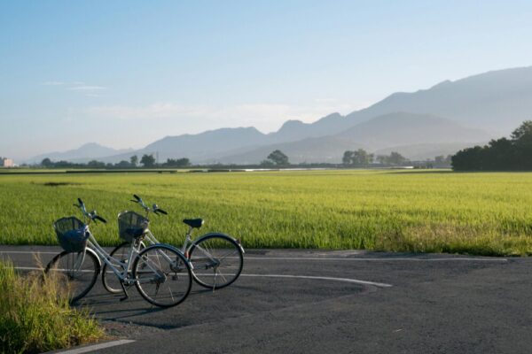 Two bicycles rest by lush fields and mountains in rural Taiwan. Perfect scene for relaxation and nature exploration.