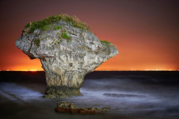 Stunning night view of Vase Rock adorned with greenery against an orange sky in Xiao Liu Qiu, Taiwan.