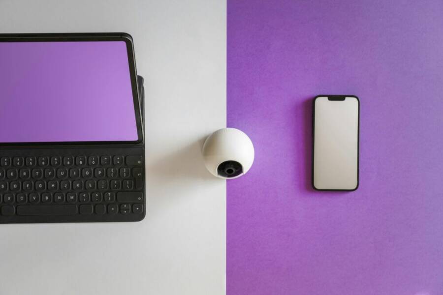 Minimalist setup featuring a tablet, smartphone, and spherical webcam on a split colored background