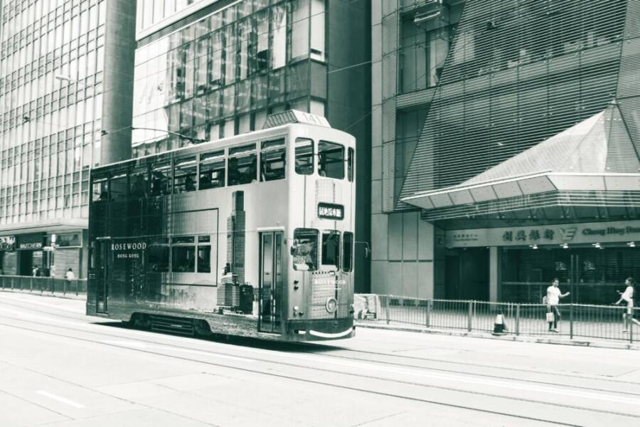 A classic tram weaving through Hong Kong streets