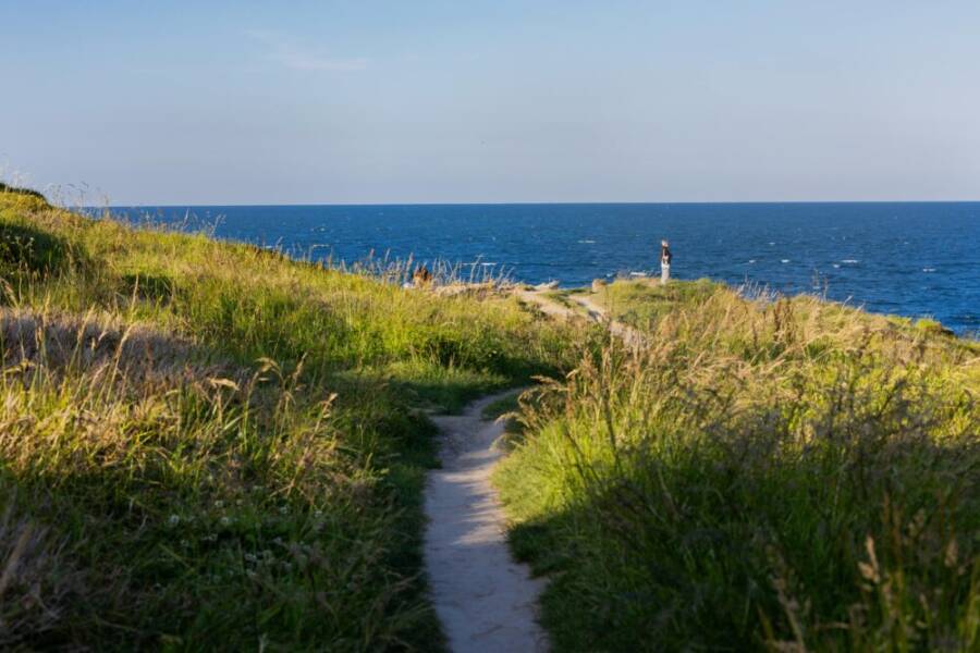 Explore a serene coastal path with lush meadows and a distant lighthouse by the sea.