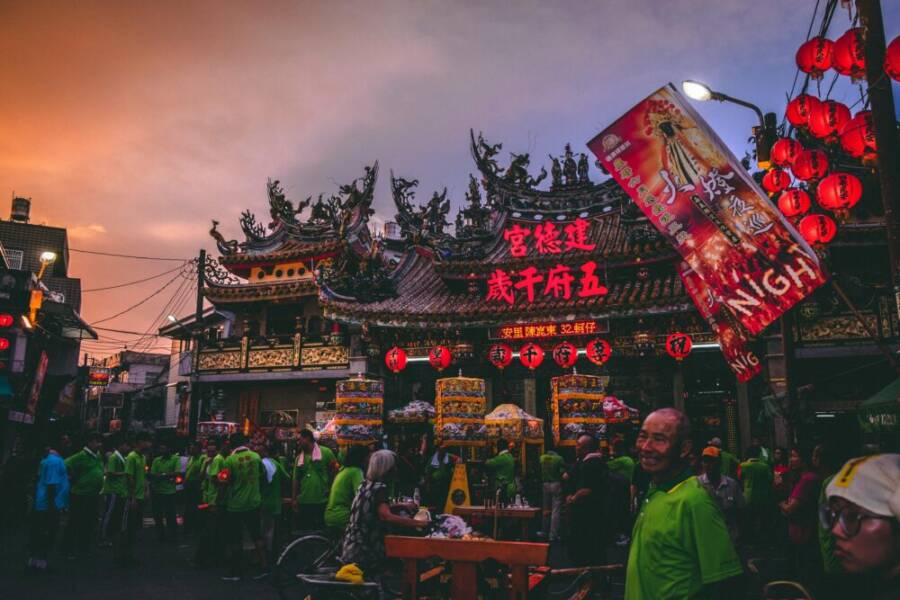 Colorful lantern festival in Taiwan with lively crowds and traditional decorations.