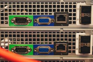 Detailed view of Ethernet and VGA ports on a server highlighting connectivity features.