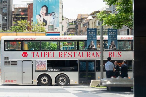 Double-decker restaurant bus parked in Taipei