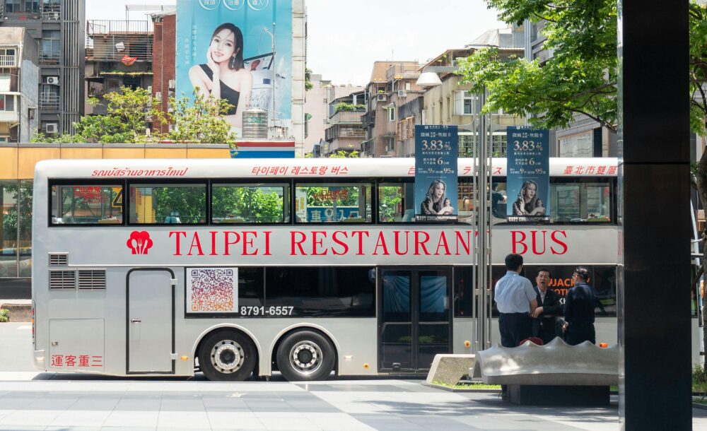 Double-decker restaurant bus parked in Taipei