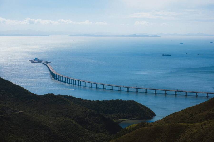 Scenic aerial view of the Hong Kong-Zhuhai-Macau Bridge spanning over tranquil waters