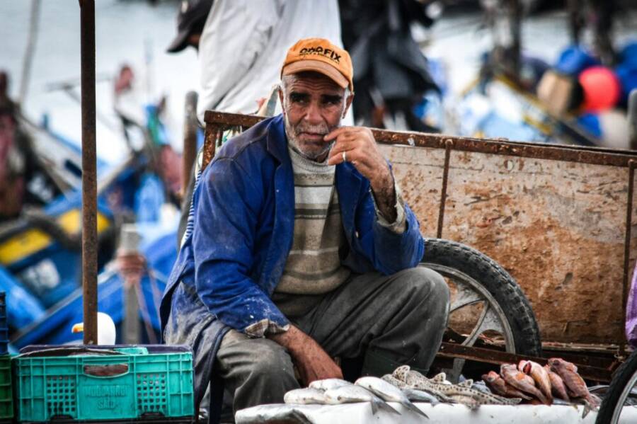 An elderly fisherman at a bustling fish market dock