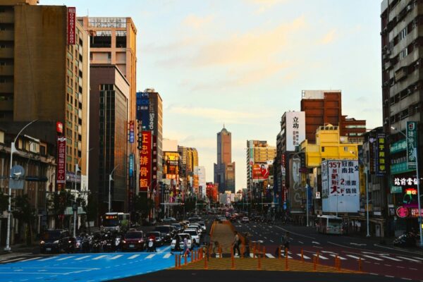Explore the bustling streets of Kaohsiung, Taiwan, captured in stunning evening light.