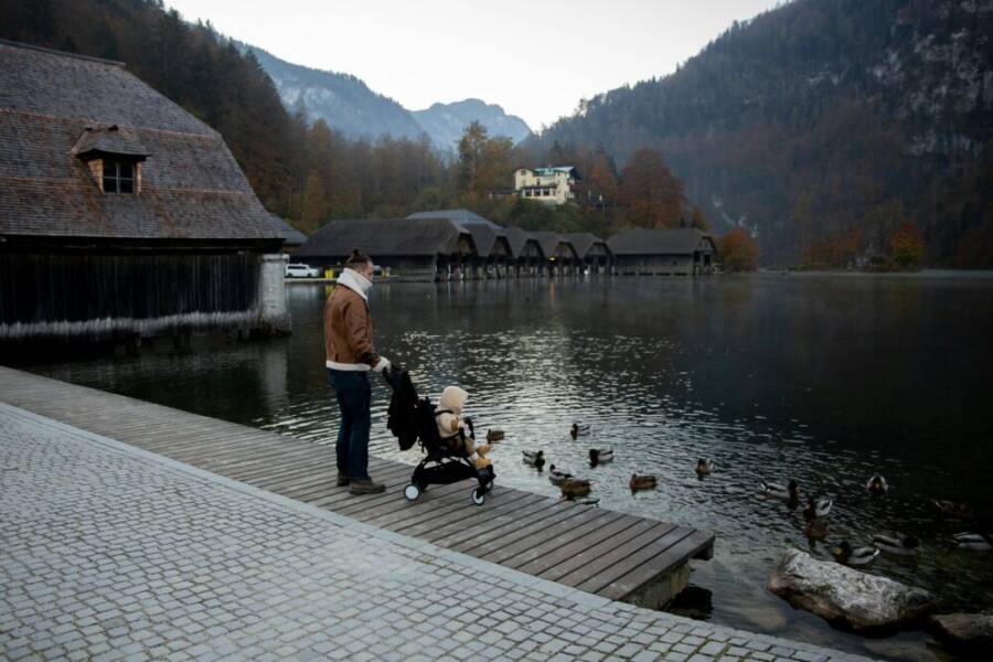 Father and little kid in stroller in casual warm outerwear standing on wooden pier near lake and looking at ducks swimming in calm water