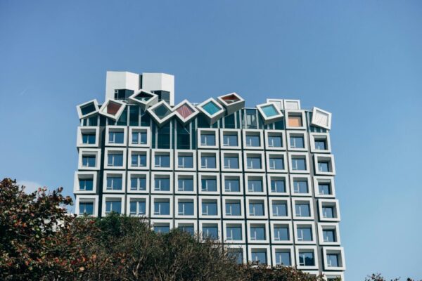 Modern building facade with unique design in Taichung City, Taiwan.