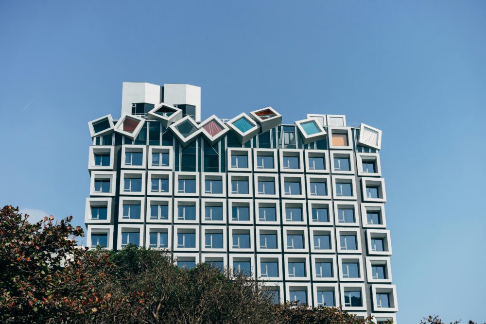 Modern building facade with unique design in Taichung City, Taiwan.