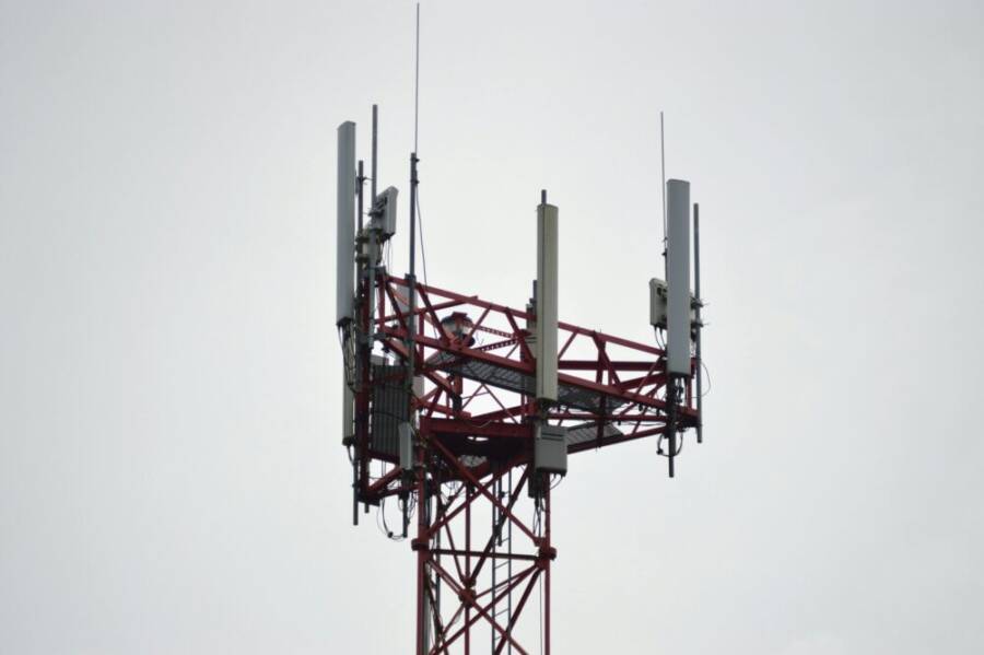 A red communication tower