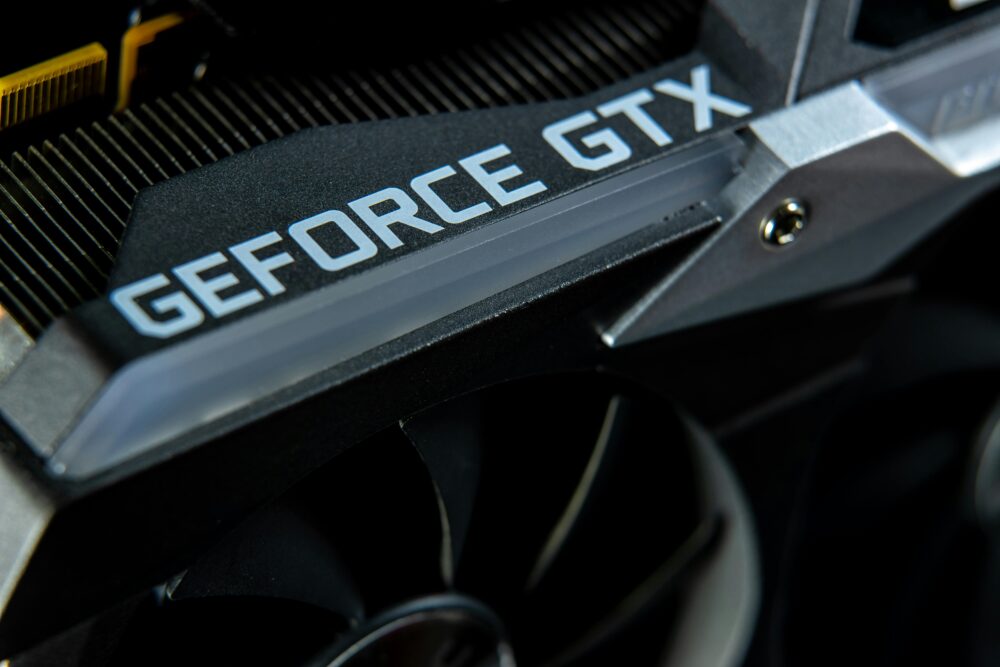 Detailed close-up of a GeForce GTX graphics card showing hardware components