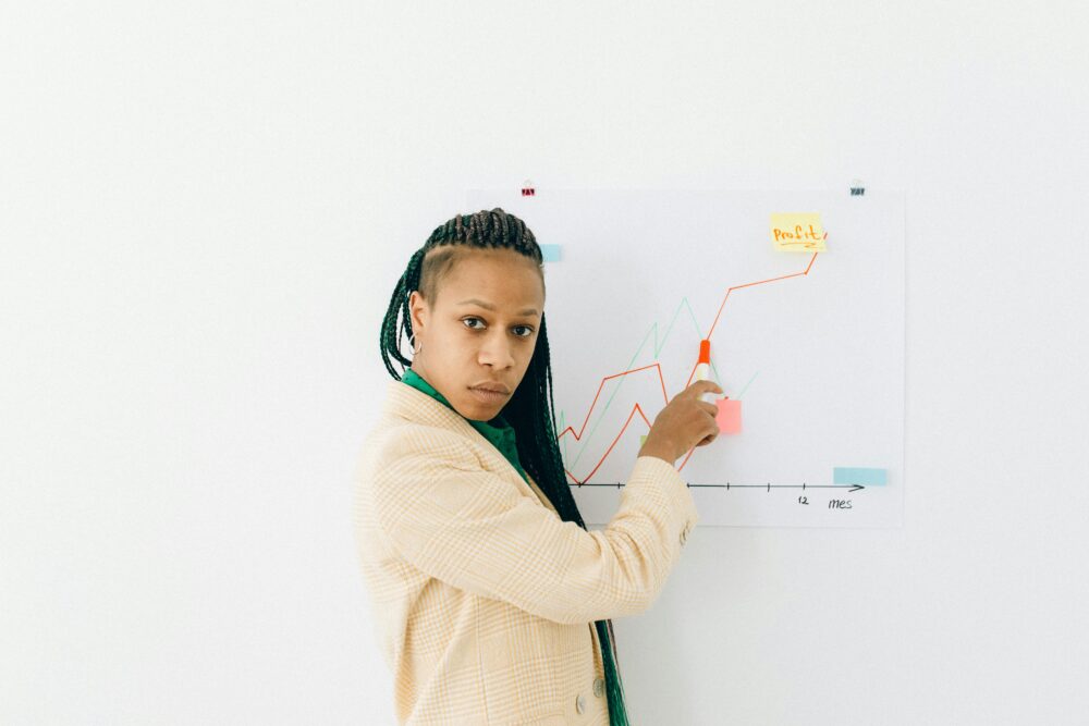 一位自信的女性在辦公室中呈現財務數據和成長策略的圖表