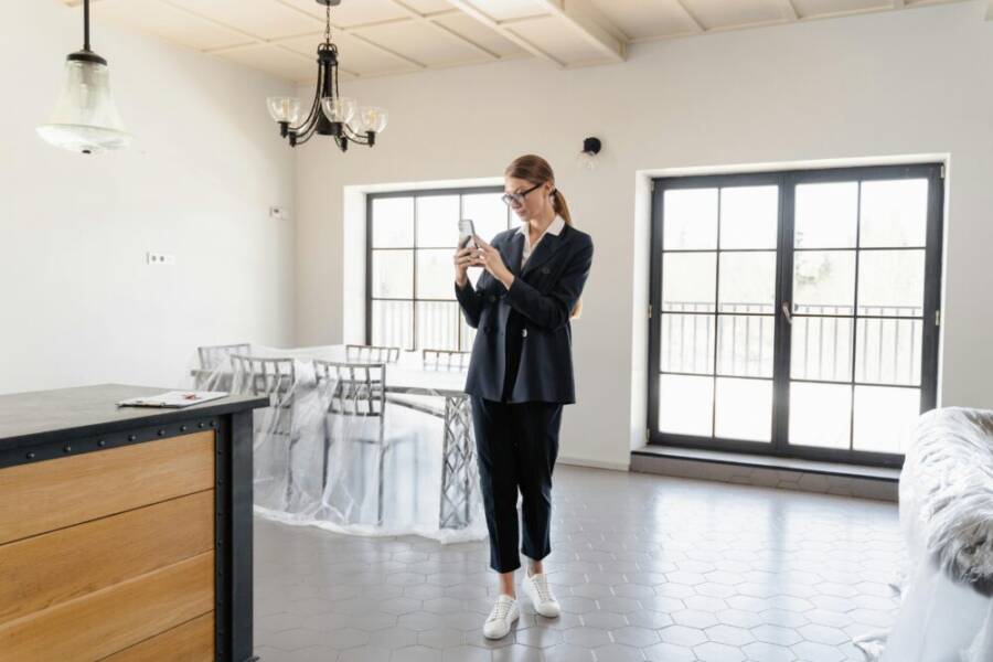 Real estate agent taking photos inside a bright, modern apartment.