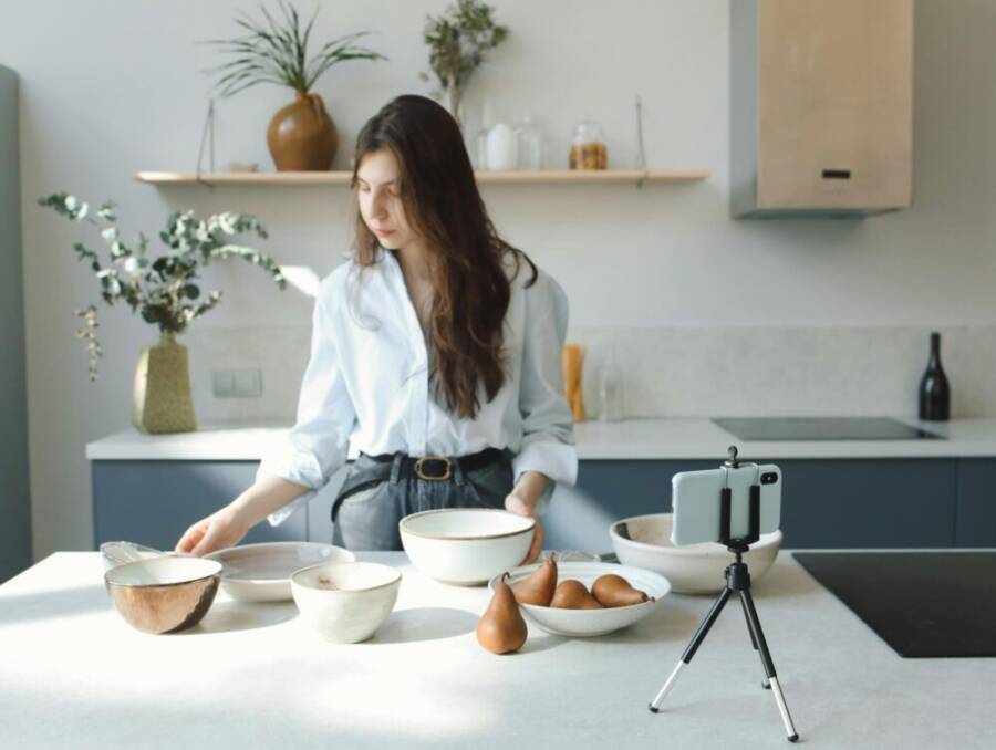 Overhead cooking setup in a bright kitchen
