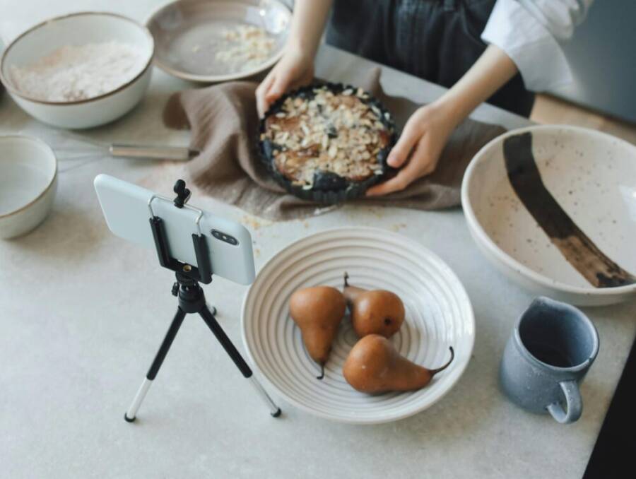 Overhead cooking setup in a compact kitchen