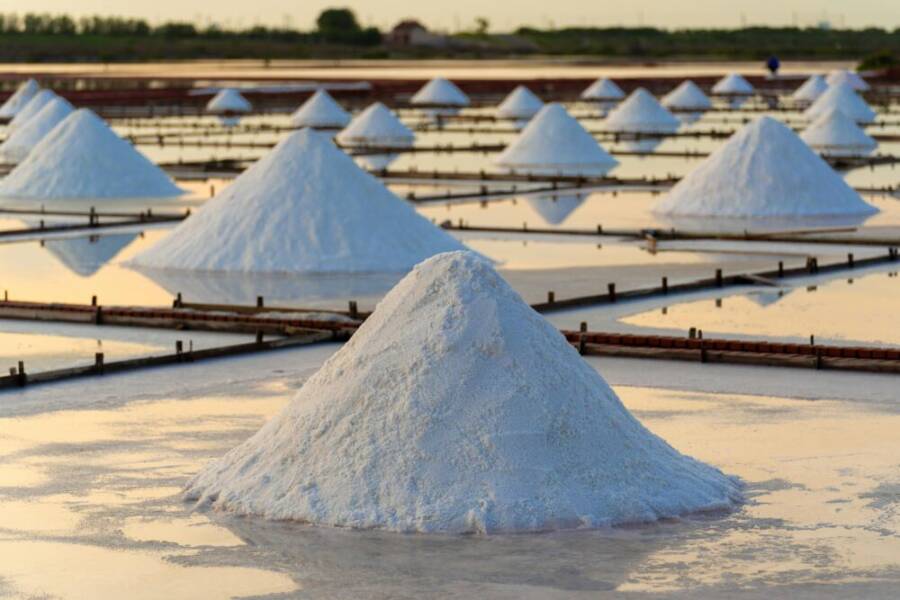 Scenic view of salt piles reflecting sunlight on Tainan